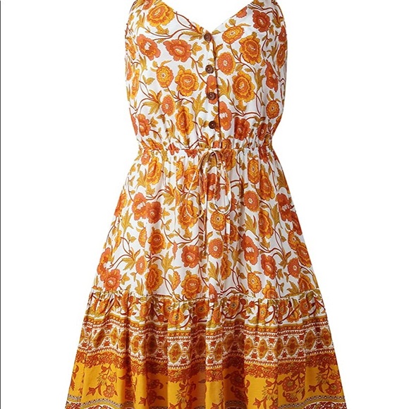 🆕Yellow spaghetti strap floral boho summer d… - Picture 3 of 5